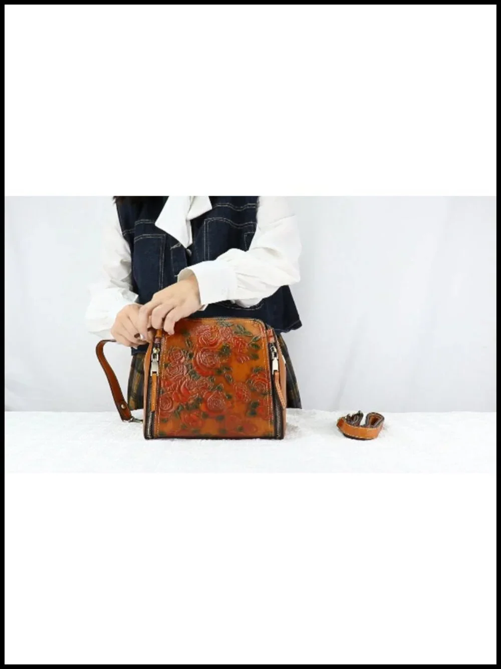 Vintage Embossed Leather Crossbody Satchel Tote - Adjustable Strap